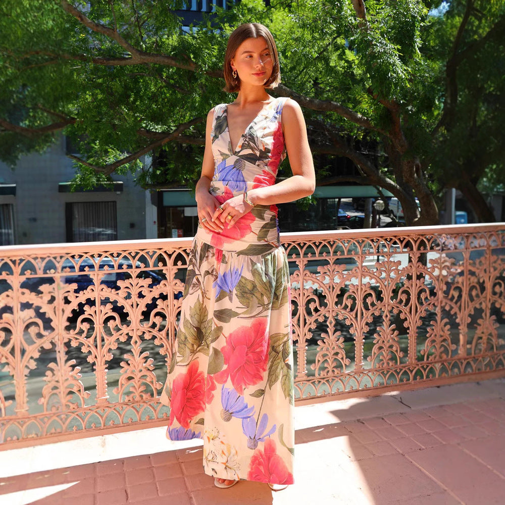 Spring Summer Maxi Dress Internet Celebrity Same Printed Waist Controlled V neck Swing Dress Bella Mia